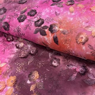 Cotton fabric TIE DYE EMBROIDERY Poppy design Q