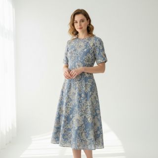 Cotton fabric JEANS EMBROIDERY Bouquet light blue