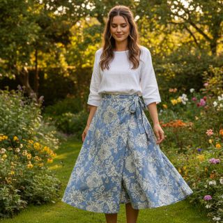 Cotton fabric JEANS EMBROIDERY Bouquet light blue