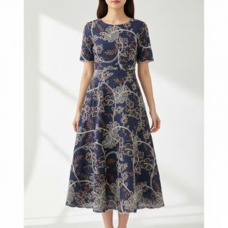 Cotton fabric JEANS Embroidery leaves dark blue