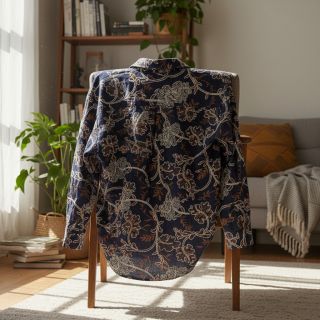 Cotton fabric JEANS Embroidery leaves dark blue