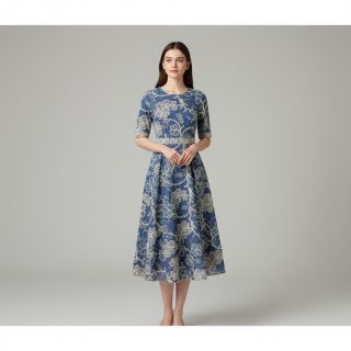 Cotton fabric JEANS Embroidery leaves light blue