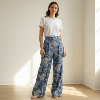 Cotton fabric JEANS Embroidery leaves light blue