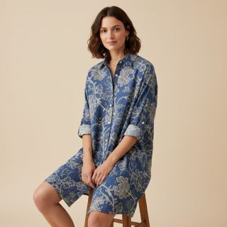 Cotton fabric JEANS Embroidery leaves light blue