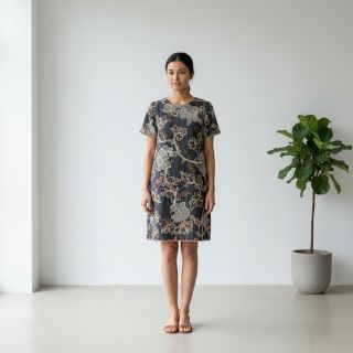 Cotton fabric JEANS Embroidery leaves black