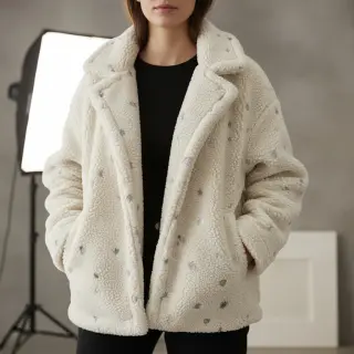 Coat fabric TEDDY Tossed hearts silver