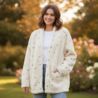 Coat fabric TEDDY Tossed hearts gold