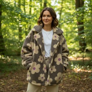 Coat fabric TEDDY JACQUARD Flowers taupe/beige