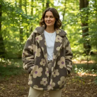 Coat fabric TEDDY JACQUARD Flowers taupe/beige