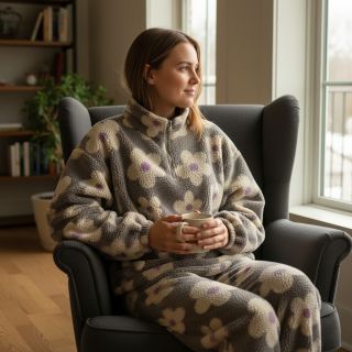 Coat fabric TEDDY JACQUARD Flowers taupe/beige