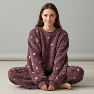 Coat fabric TEDDY EMBROIDERY Mini rosewood