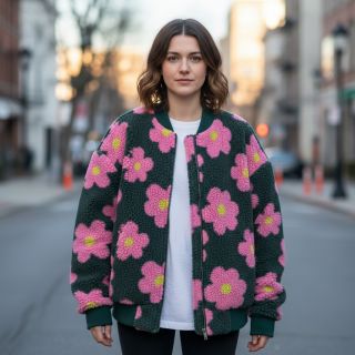 Coat fabric TEDDY JACQUARD Flowers army green/pink