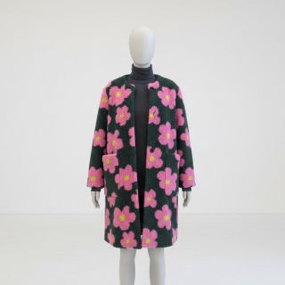 Coat fabric TEDDY JACQUARD Flowers army green/pink