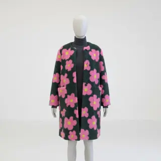 Coat fabric TEDDY JACQUARD Flowers army green/pink