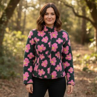 Coat fabric TEDDY JACQUARD Flowers army green/pink