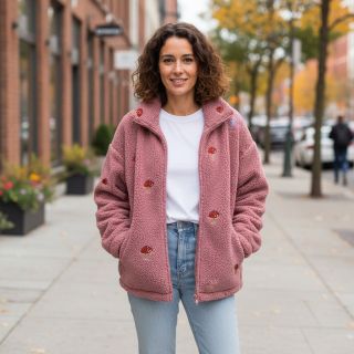 Coat fabric EMBROIDERY Little mushrooms old pink