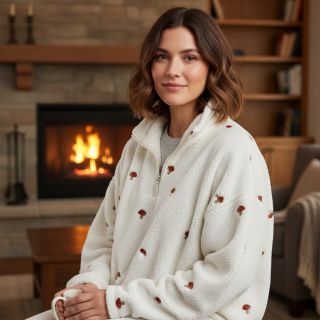 Coat fabric EMBROIDERY Little mushrooms off white