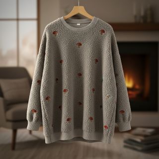 Coat fabric EMBROIDERY Little mushrooms pebble