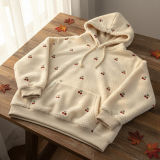 Coat fabric TEDDY EMBROIDERY Cherries