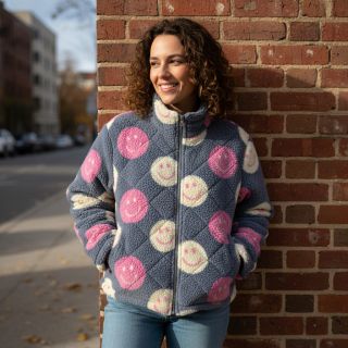 Coat fabric TEDDY JACQUARD Happy faces jeans