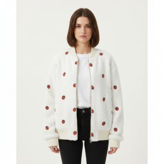 Coat fabric TEDDY EMBROIDERY Strawberries off white