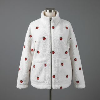 Coat fabric TEDDY EMBROIDERY Strawberries white
