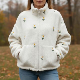 Coat fabric TEDDY EMBROIDERY Flowers off white