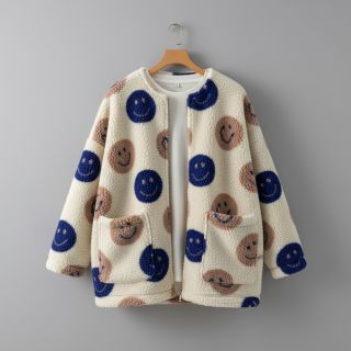 Coat fabric TEDDY JACQUARD Happy faces ecru