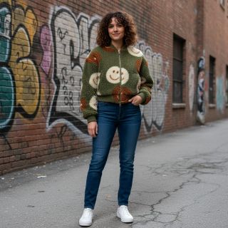 Coat fabric TEDDY JACQUARD Happy faces green