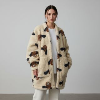 Coat fabric TEDDY JACQUARD Dogs brown