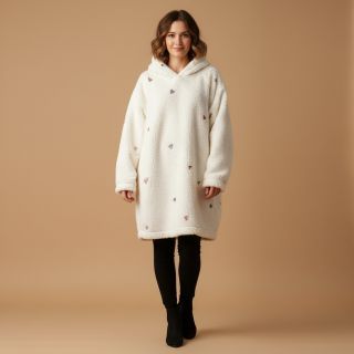 Coat fabric TEDDY EMBROIDERY Hearts ecru