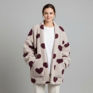 Coat fabric TEDDY JACQUARD Hearts rouge