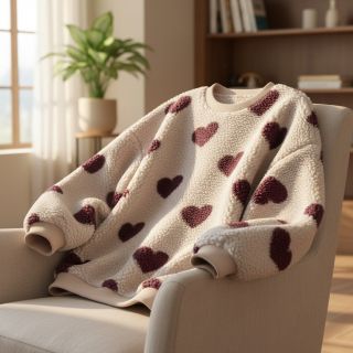 Coat fabric TEDDY JACQUARD Hearts rouge
