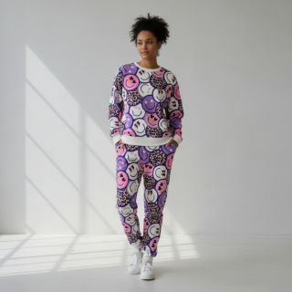 Sweat fabric Happy faces purple digital print