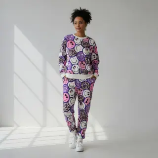 Sweat fabric Happy faces purple digital print