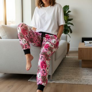 Sweat fabric Happy faces pink digital print