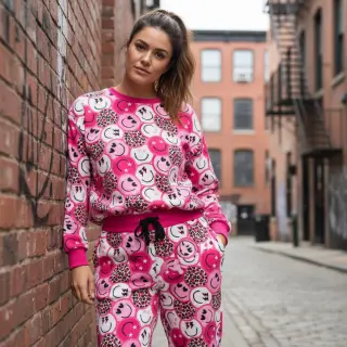 Sweat fabric Happy faces pink digital print