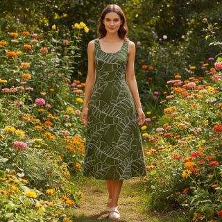 Linen viscose EMBROIDERY Leaves forest green