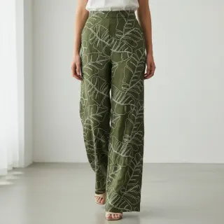 Linen viscose EMBROIDERY Leaves forest green