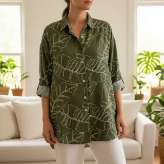 Linen viscose EMBROIDERY Leaves forest green