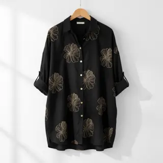Linen viscose EMBROIDERY Flower Maya black