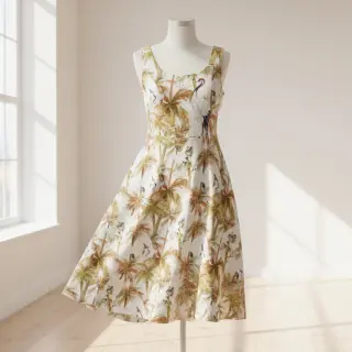 Linen viscose Crane bird design A digital print