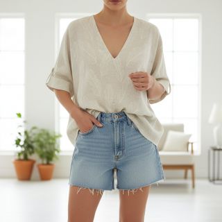 Linen viscose natural Leaves border