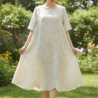 Linen viscose natural Leaves border