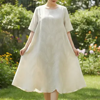 Linen viscose natural Leaves border
