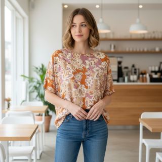 Viscose SATIN Flowie Noe orange digital print