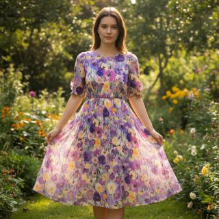 Viscose SATIN Lavender flowers digital print