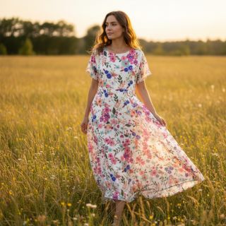 Viscose LUREX Tossed flowers white digital print