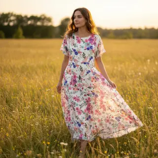 Viscose LUREX Tossed flowers white digital print