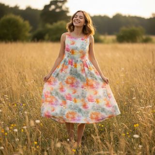 Linen cotton Abstract flowers RAMIE orange digital print